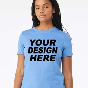 Front view of model wearing a carolina blue custom Bella+Canvas 6400 tee.
