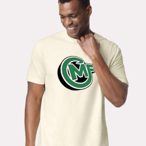 Man wearing a light colored custom Gildan 64000 t-shirt with MadeFits logo printed on the front.