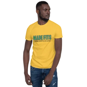 Man wearing custom yellow Gildan 64000 softstyle t-shirt with front print.