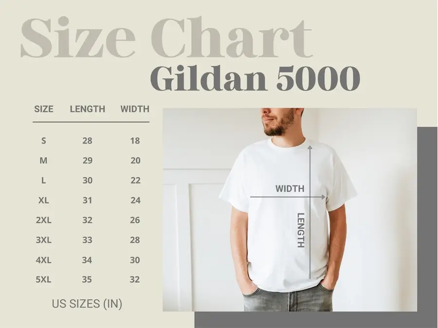 Gildan 5000 T-shirt sizing chart. 