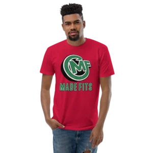 Front view of a model wearing a red Next Level 3600 fitted T-shirt with the Made Fits logo.