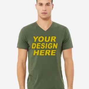 Front view of a male model wearing a custom Bella+Canvas 3005 V-Neck in military green.