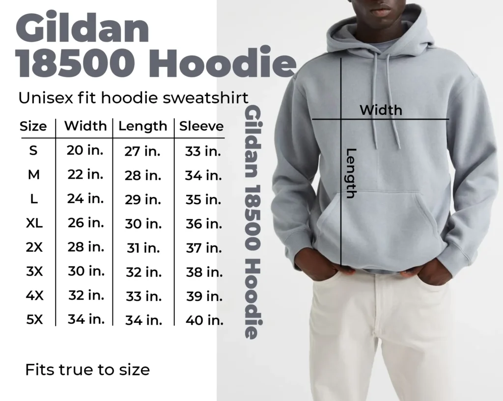 Sizing chart for Custom Gildan 18500 Hoodie. Chest, length, sleeve measurements.