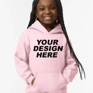 Girl wearing a custom Gildan 18500B hoodie with Your Design Here printed on the front.