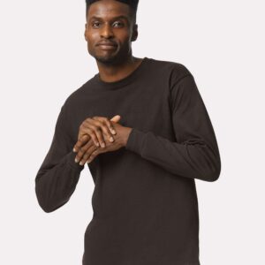 Man wearing a dark chocolate custom Gildan 2400 long sleeve tee.