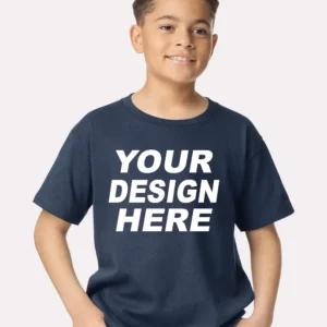 Smiling boy wearing a custom Gildan 5000B Blue Dusk t-shirt front view.