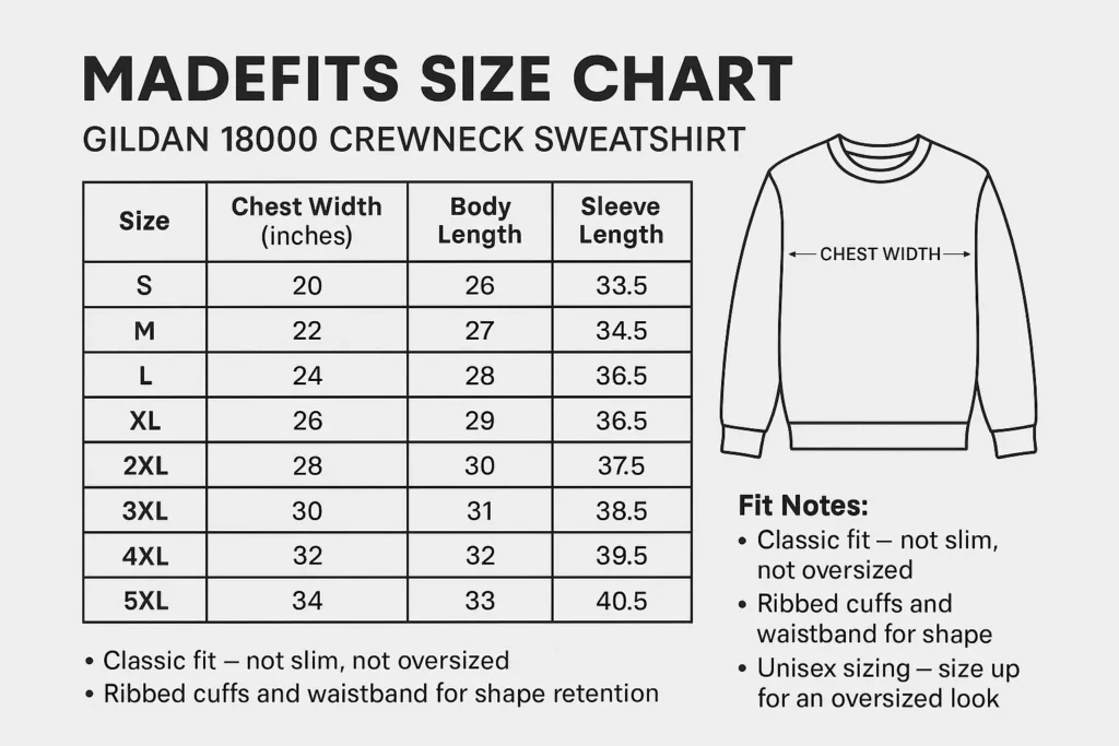 MadeFits sizing chart for custom Gildan 18000 crewneck sweatshirt showing chest width, body length, sleeve length for sizes S to 5XL, with fit notes and sweatshirt diagram