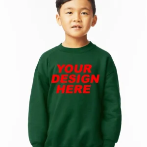 Boy wearing a green custom Gildan 18000B youth sweatshirt