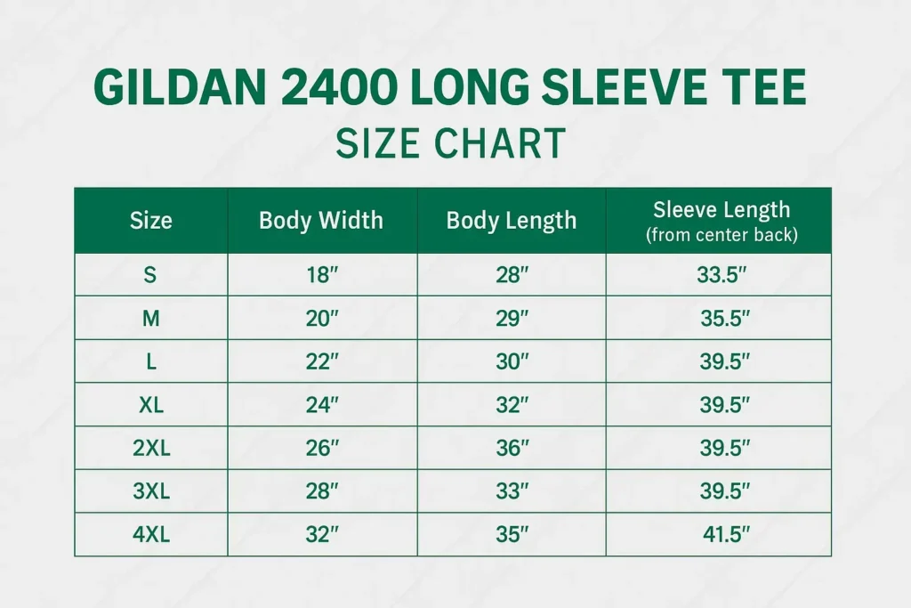 Size chart for Gildan 2400 long sleeve t-shirt showing width, length, and sleeve measurements in inches for sizes S to 5XL.