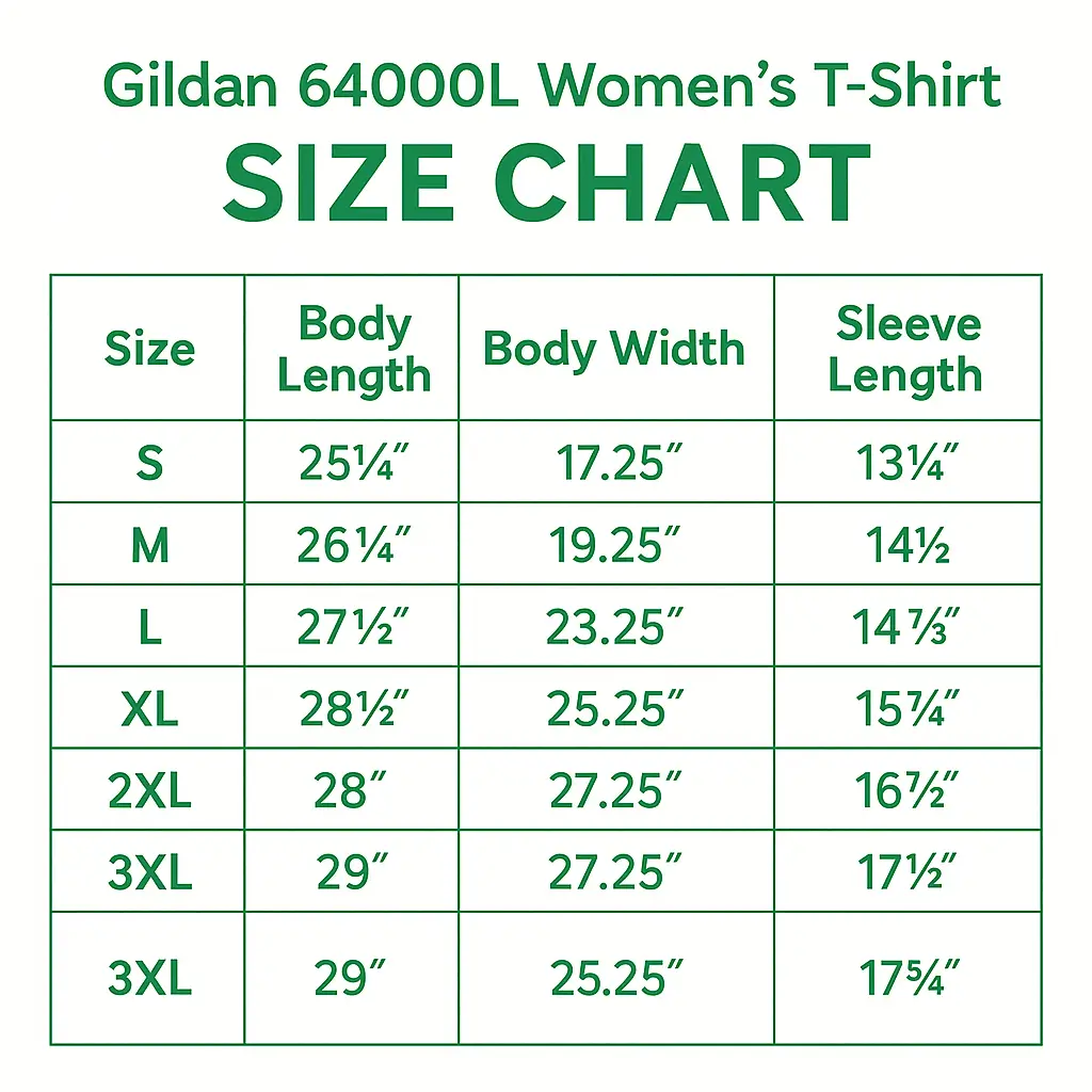 Size chart for Gildan 64000L women’s t-shirt with body width, length, and sleeve measurements in inches