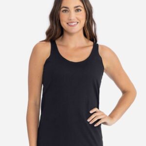 Front view of a woman wearing a black custom Next Level 6733 racerback tank, standing confidently with one hand on her hip against a light background