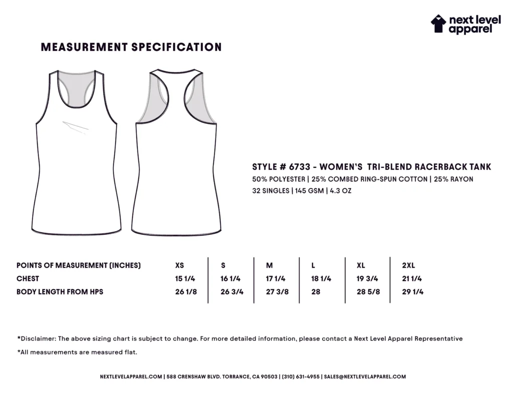 Next Level 6733 Racerback Tee sizing chart. 