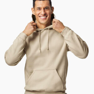 Male model posing in a sand color pullover. He is showcasing a custom Gildan 18500 hoodie.