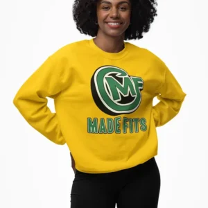 Woman wearing a custom Gildan 18000 sweatshirt with MadeFits logo printed on the front.