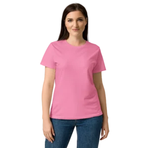 Woman wearing a women's basic softstyle t-shirt in azalea front view.