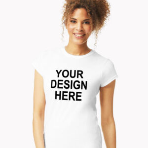 Front view of a white custom Gildan 64000L t-shirt with personalized print on the front side.