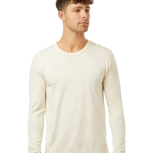 Male model wearing a custom men’s fitted long sleeve shirt in natural front view.
