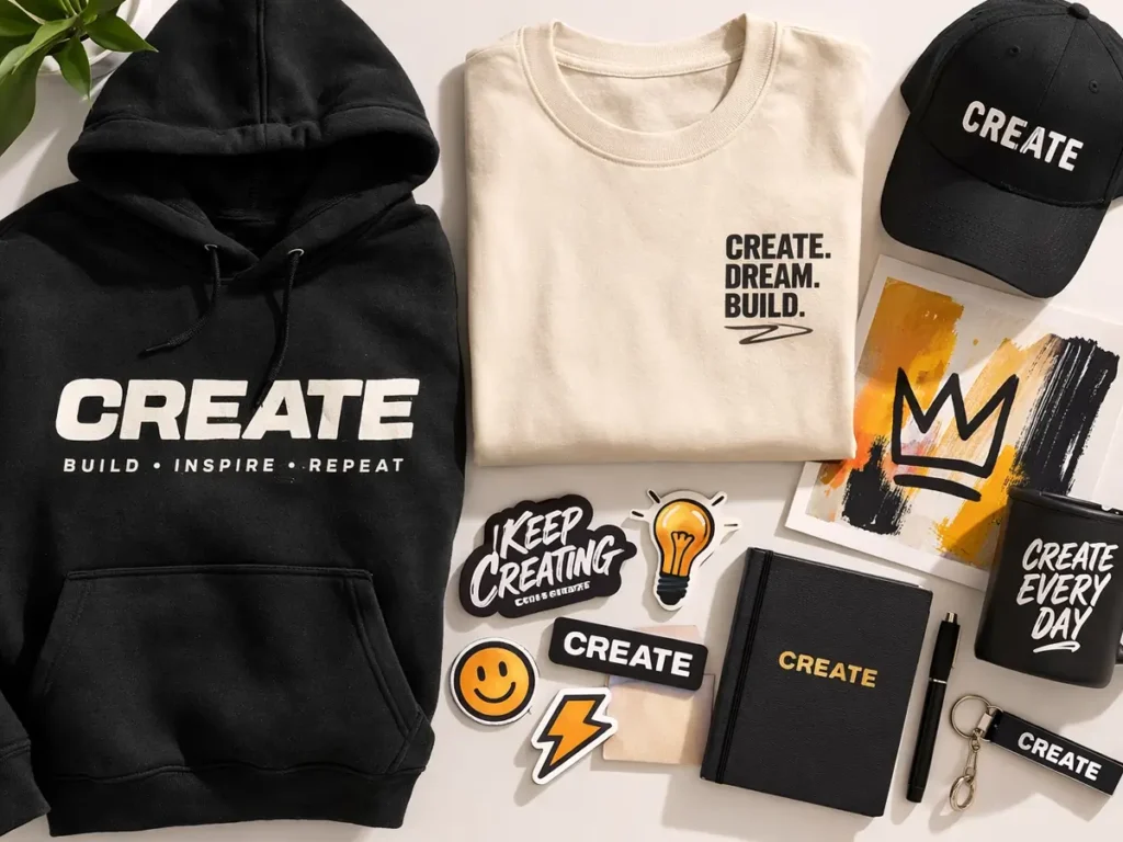 Creator merch bundle including custom hoodie, t-shirt, cap, stickers, notebook, and branded accessories.
