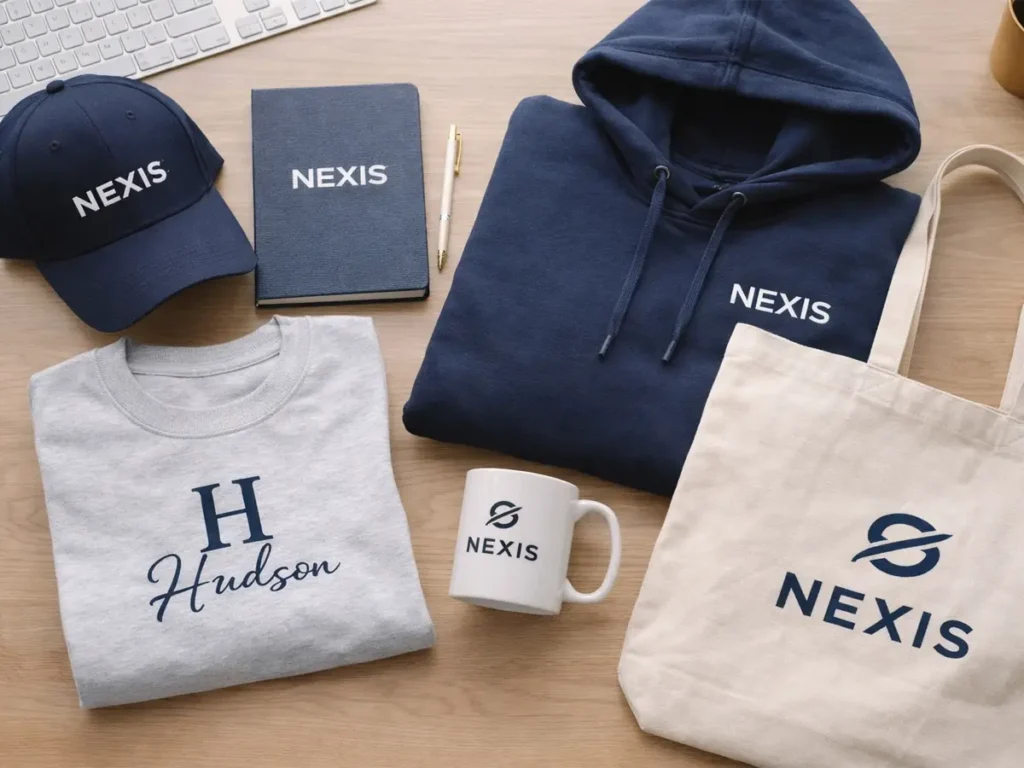 Branded business starter pack with custom hoodie, cap, notebook, mug, tote bag, and sweatshirt flat lay.