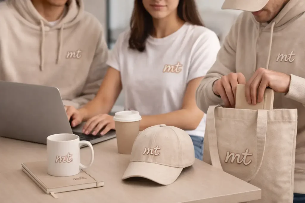 Small business team working at a table with branded apparel on display.