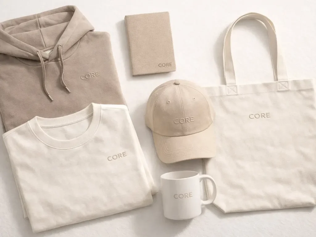 Business starter merch bundle with custom hoodie, t-shirt, hat, tote bag, notebook, and mug.