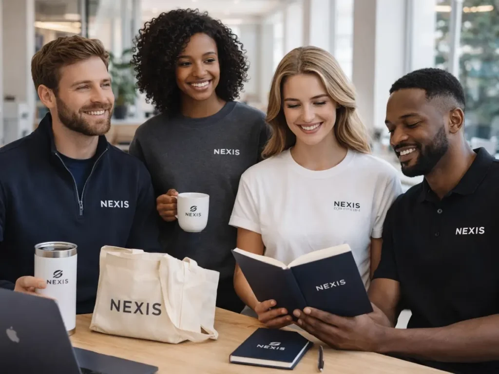 Corporate branded apparel and company swag including shirts, mugs, notebooks.