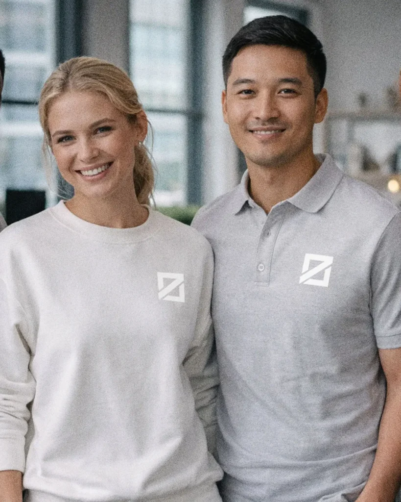 Team wearing custom branded apparel in a modern office environment.