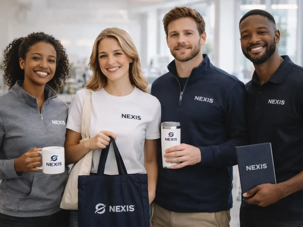 Corporate branded apparel and company swag including shirts, mugs, notebooks, and tote bags.