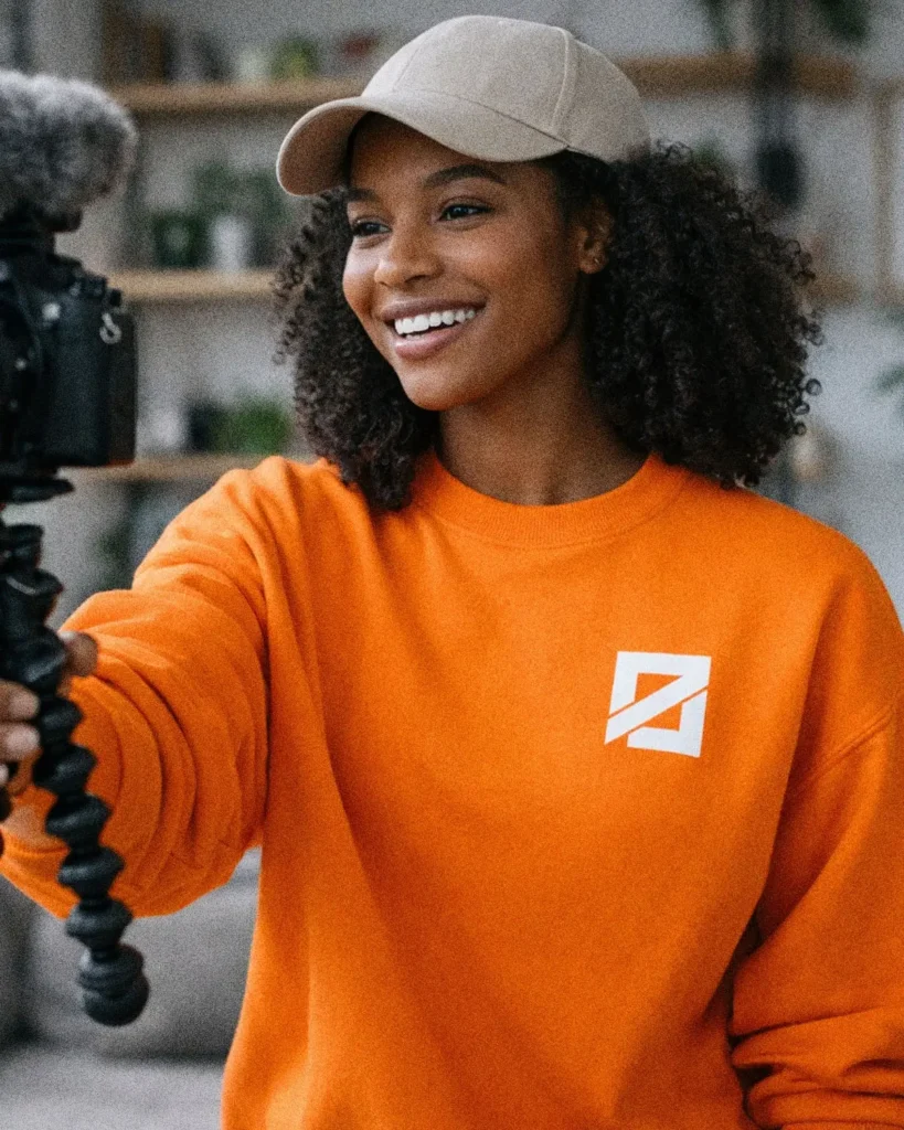 Content creator filming video while wearing custom branded sweatshirt.