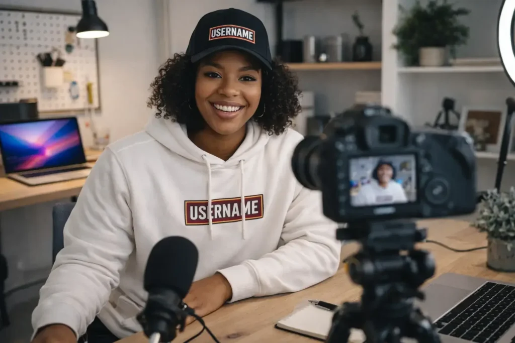 Content creator filming video while wearing custom branded hoodie and hat in a modern studio setup.