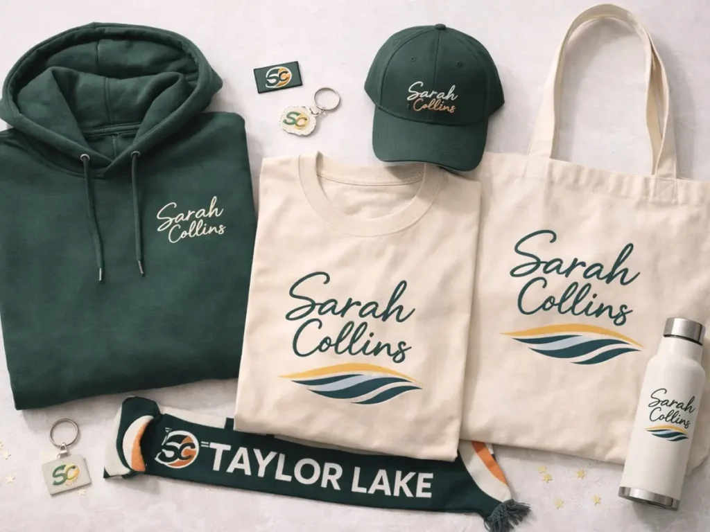 Creator merch launch bundle featuring custom hoodie, t-shirt, cap, tote bag, and branded accessories displayed in a premium studio flat lay for a modern creator brand.