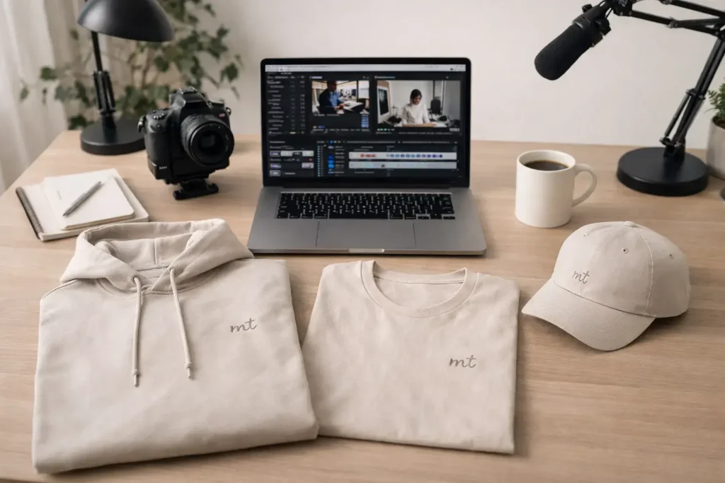Custom merch setup with hoodie, t-shirt, and hat on a creator workspace desk with camera and laptop.