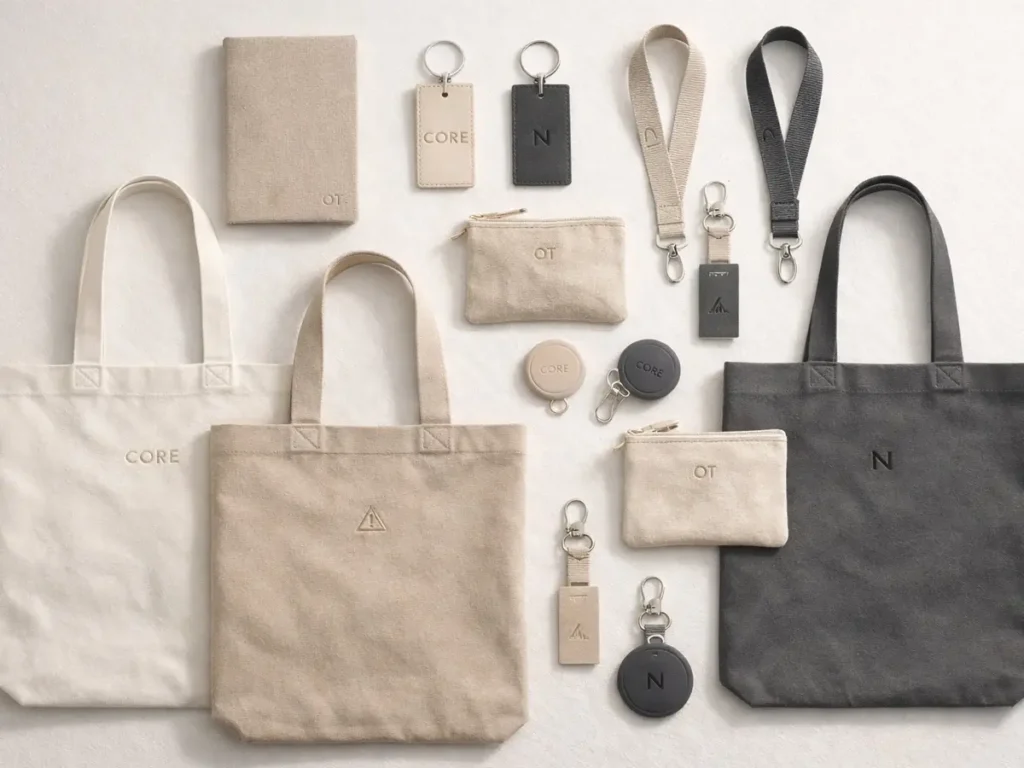 Custom branded accessories including tote bags, keychains, lanyards, and pouches arranged in a flat lay.