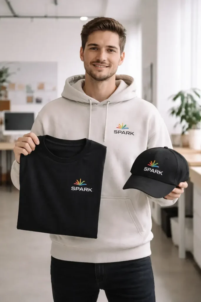 Entrepreneur holding custom t-shirt and hat while wearing branded hoodie, showcasing a complete starter merch kit.
