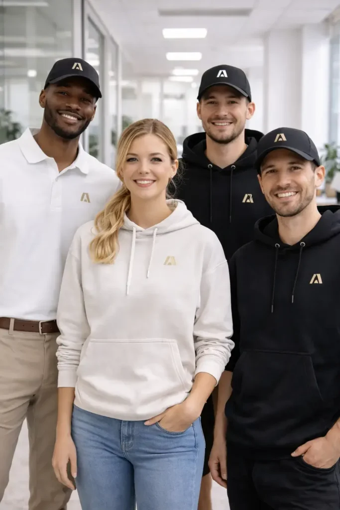 Professional team wearing custom branded apparel including hoodies and polos in a modern office setting.