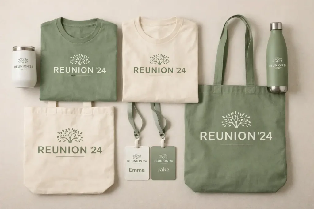Custom event merchandise bundle with t-shirts, tote bags, drinkware, and badges for group events.