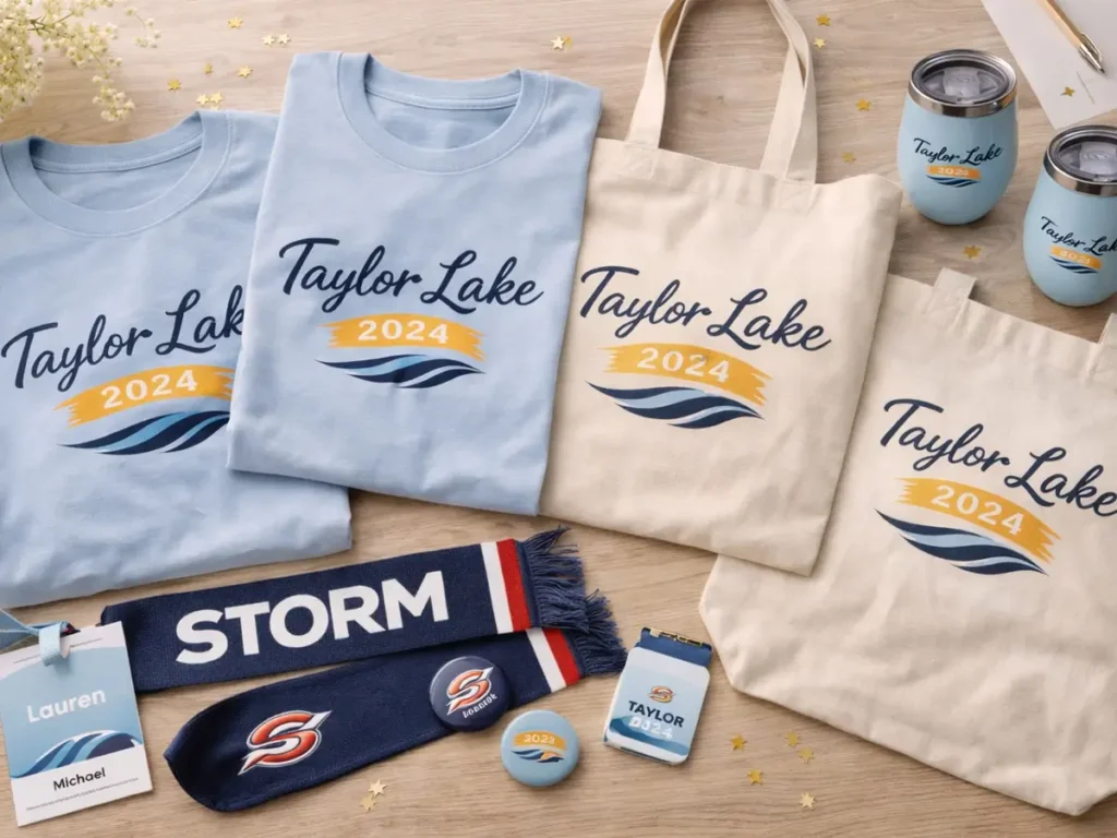 Custom event merch kit featuring matching shirts, tote bags, tumblers, and keepsake items arranged in a stylish tabletop flat lay for reunions, fundraisers, and group celebrations.
