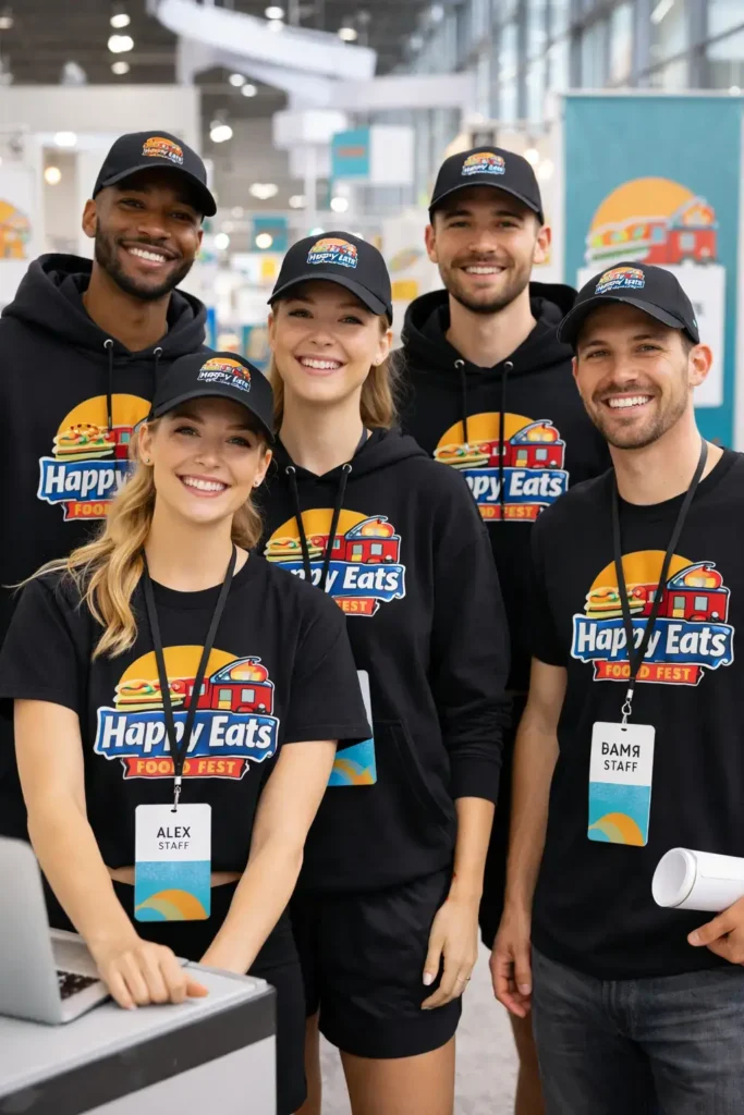Event staff wearing custom branded t-shirts and hoodies with coordinated event merchandise.