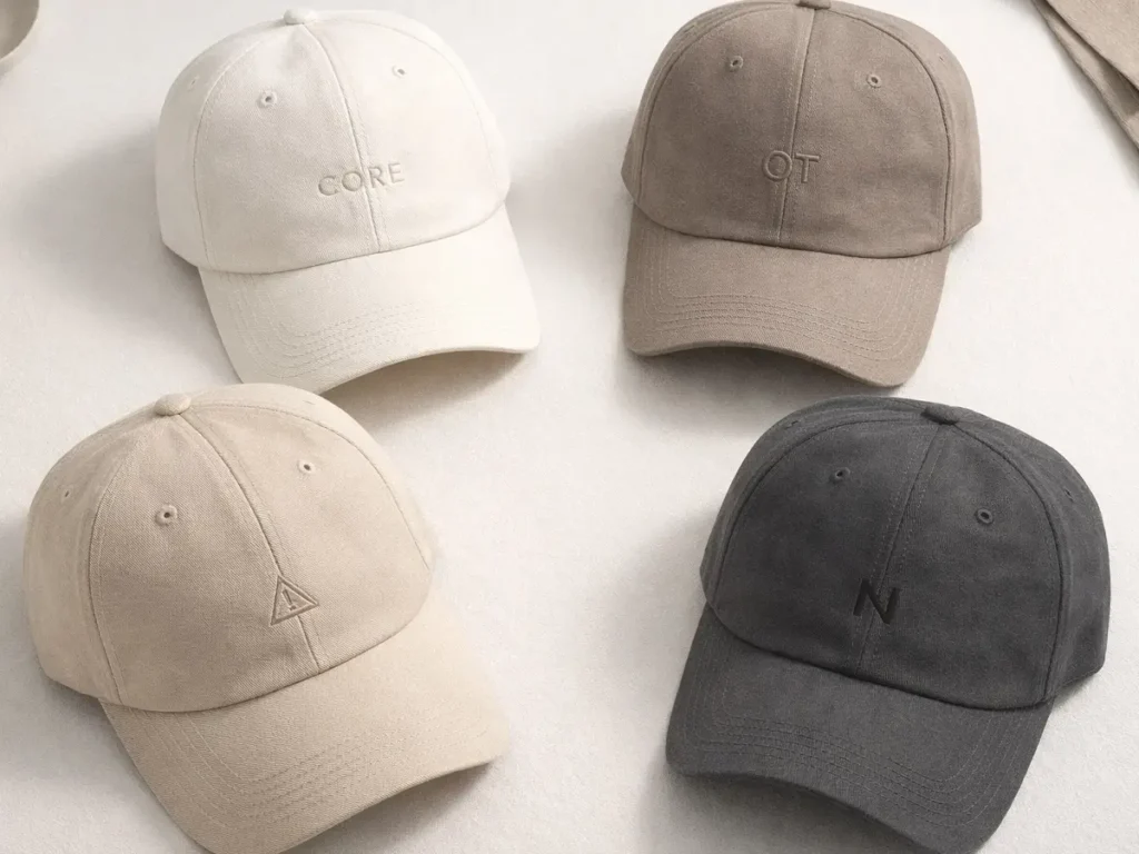 Custom caps and hats displayed in neutral colors with minimalist logo designs.