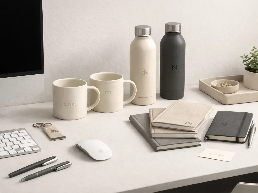 Branded home and office merchandise including custom mugs, notebooks, water bottles, and desk accessories.