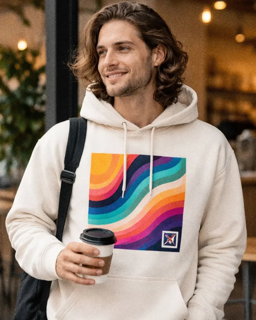 Content creator wearing custom hoodie with graphic design holding coffee.