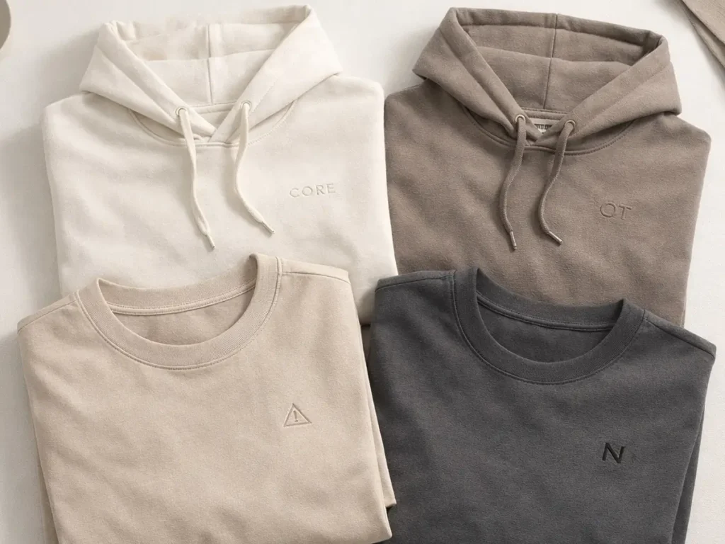 Custom hoodies and sweatshirts folded neatly in neutral colors with minimalist logos.