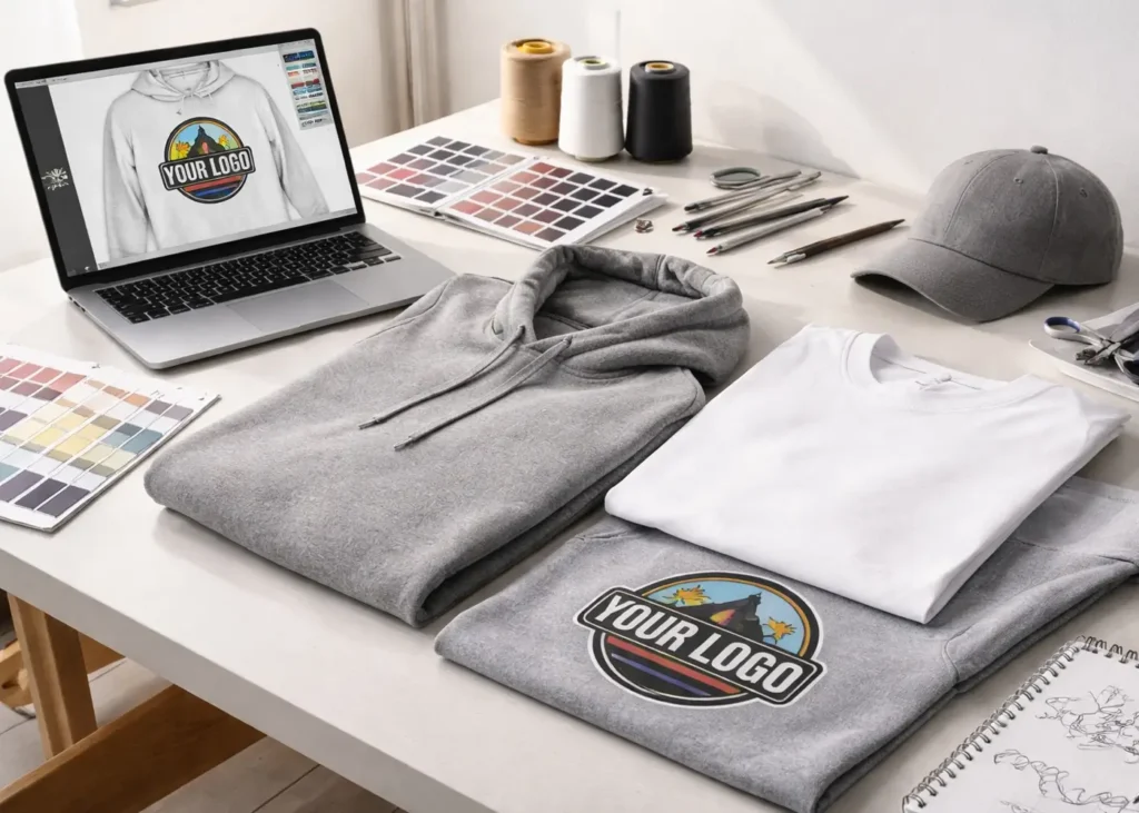 Designer customizing logo apparel on laptop with hoodie, t-shirt, and hat merchandise samples on desk.