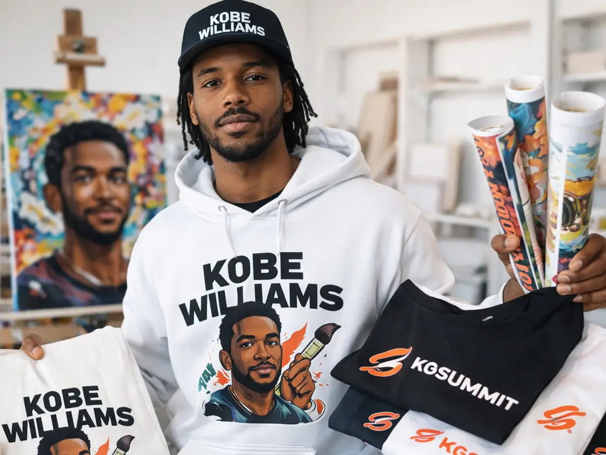 Creator merch collection with custom hoodie, cap, t-shirts, and art prints in a studio setting