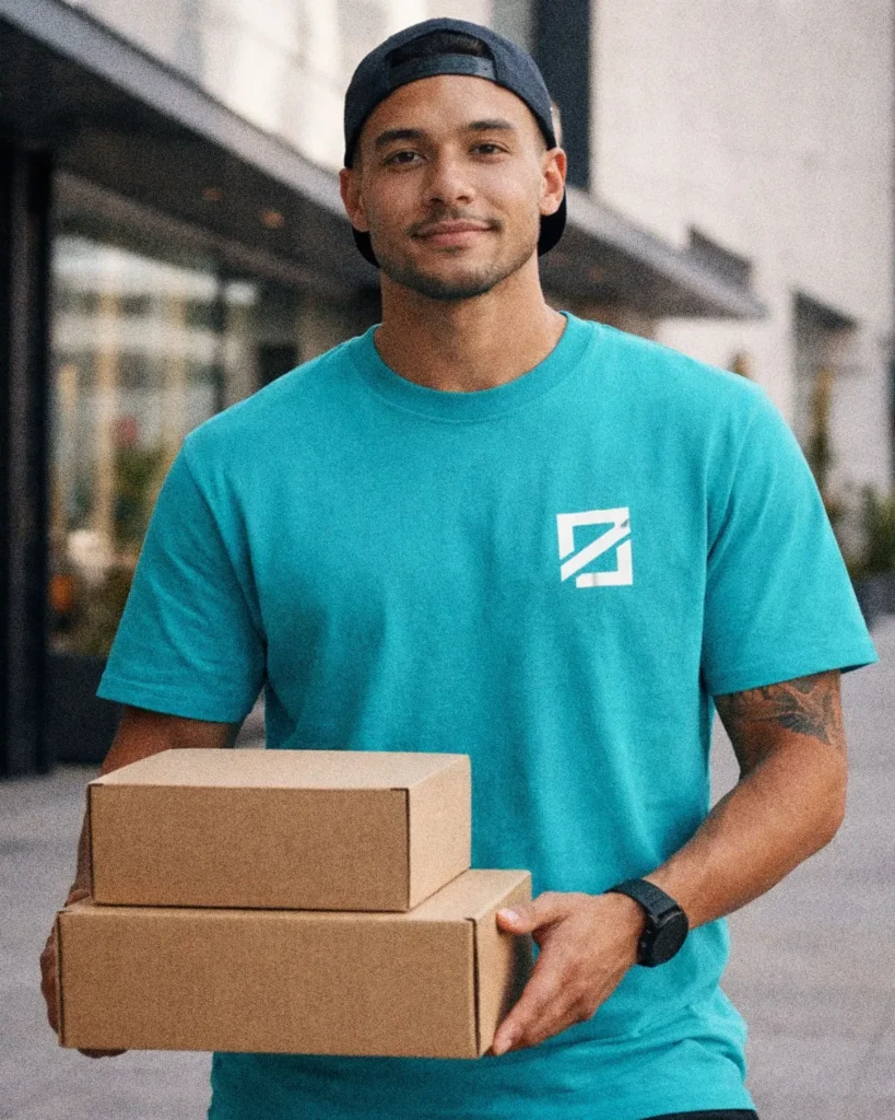 Small business owner holding custom branded t-shirts and packaging boxes.