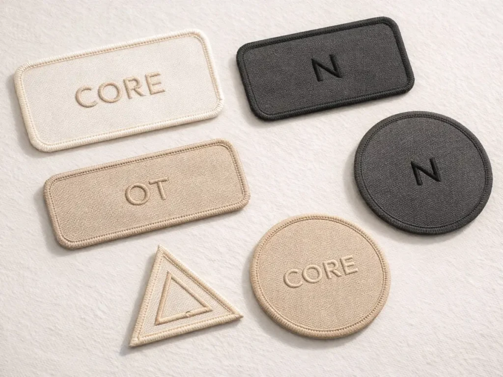 Custom patches in different shapes and neutral colors displayed on a clean background.