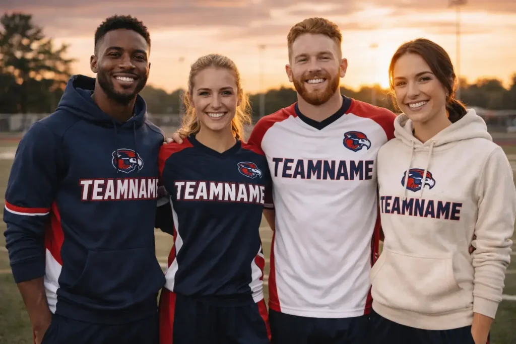 Sports team wearing matching custom jerseys and hoodies on a field at sunset.