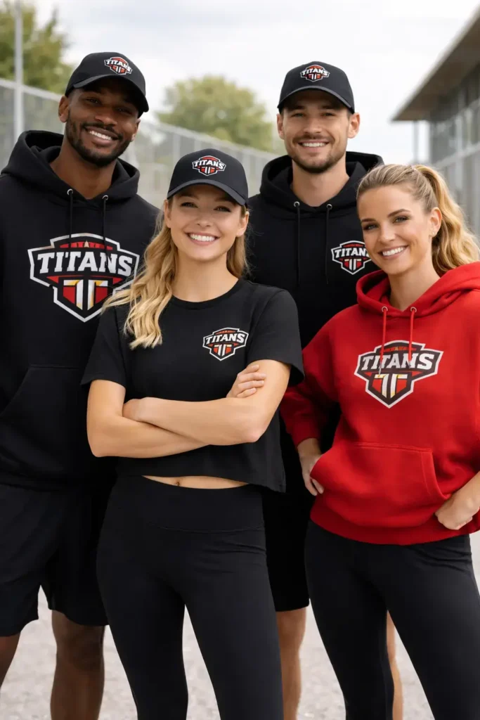 Team members wearing matching custom hoodies, t-shirts, and hats with bold team logo.