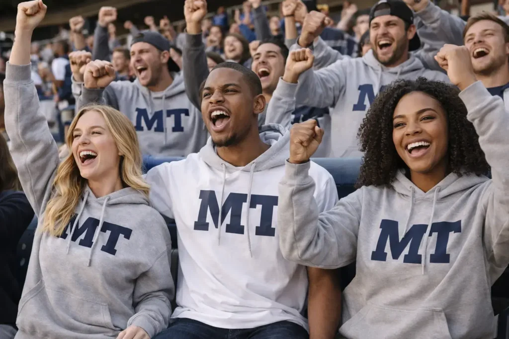 Group of fans wearing matching custom hoodies cheering together at a sports game in a stadium.