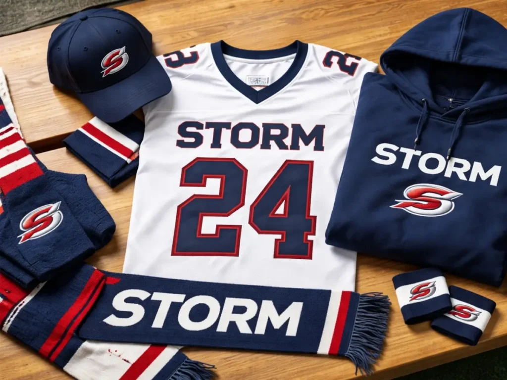 Custom team merch pack featuring jersey, hoodie, cap, and fan accessories displayed in a sports locker room flat lay with coordinated team colors.